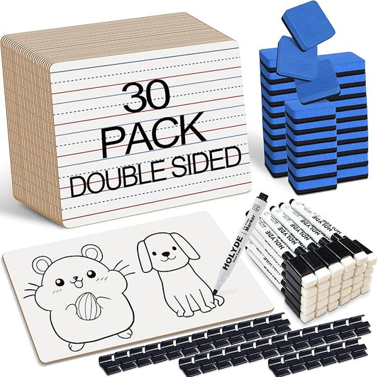 Set of 30 Dry Erase Boards, Double Sided Small Whiteboards with Lines for Kids, Students, Teacher & Classroom Pack, 9"x12" Mini Individual White Boards Lined for Writing with 30 Makers, 30 Erasers