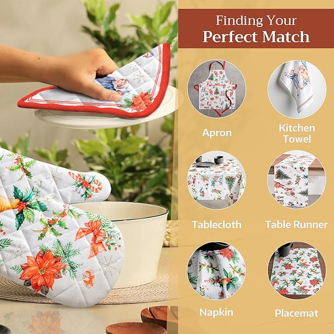 Maison d' Hermine 100% Cotton Oven Mitt & Pot Holder Set (7.5"x13" & 8"x8") Heat Resistant BBQ Cooking Gloves with Loop for Thanksgiving Christmas Decorations Handling Hot Pans (Chromo)