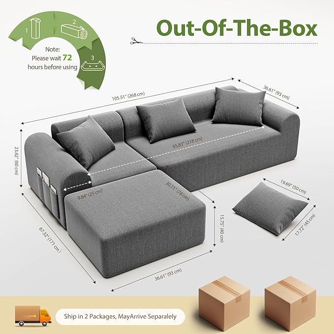 105.5” Cloud Boneless Sectional Sofa for Living Room, L-Shaped 4-Seater Modular Couch with Ottoman & 4 Pillows, Deep Seat Chenille Fabric Sofa, No Assembly, 72H Full Restore, Light Grey