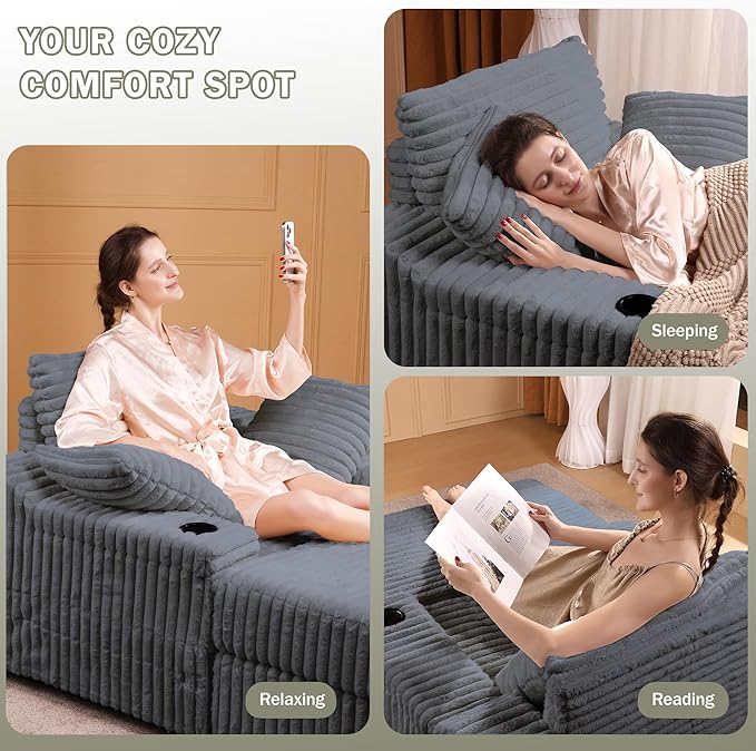 Garvee Grey Oversized Chaise Lounge Chair Indoor with Storage Ottoman, Upholstered Corduroy Sofa Bed Cloud Couch with 3 Pillows, Single Sleeper Sofa Chair for Living Room, Bedroom