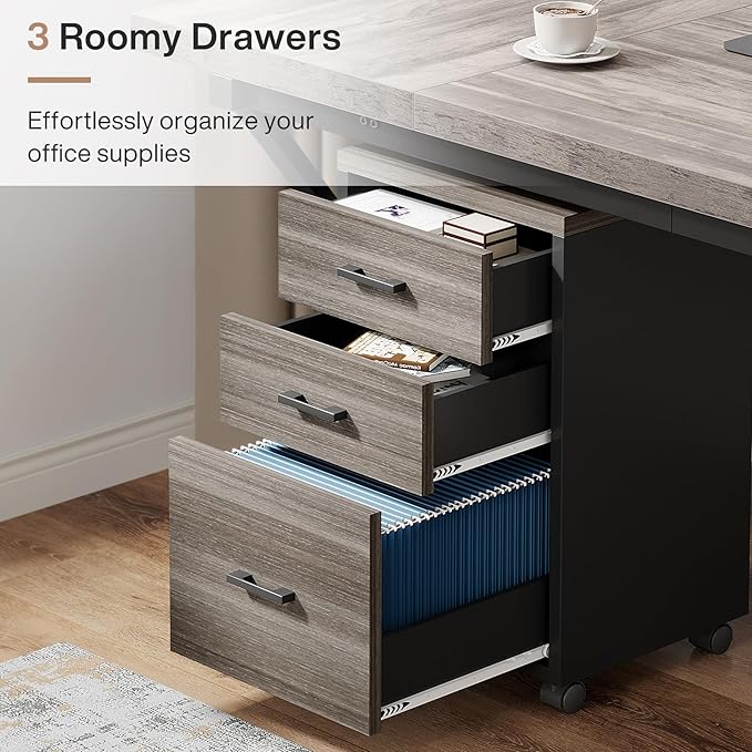 Triebsigns 3 Drawer File Cabinet, Wooden Office Filing Cabinet, Modern Rolling Printer Stand for Home Office, fits A4 or Letter Size, Under Desk (Grey)