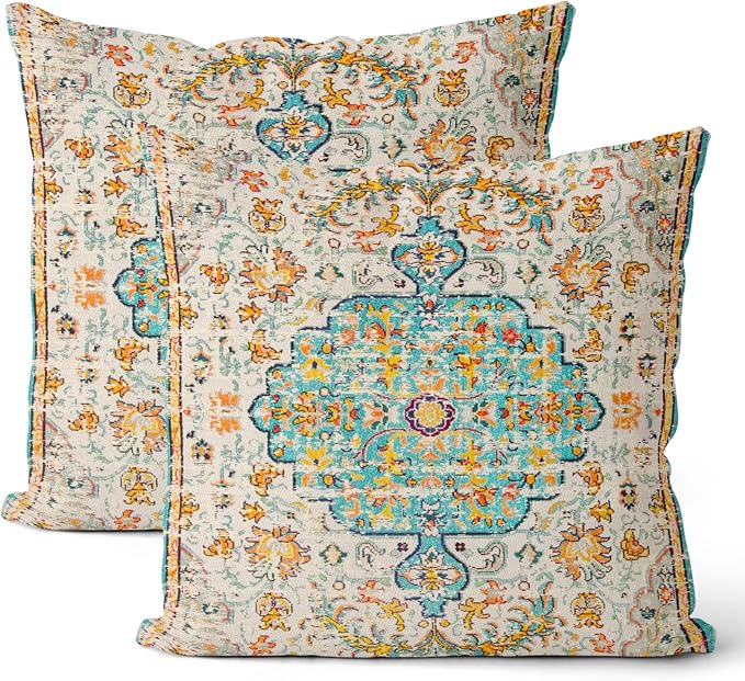 Boho Pillow Covers 18x18 Set of 2, Carpet Pattern Teal Yellow Decorative Throw Pillows Farmhouse Bohemian Cushion Pillow Covers for Sofa Couch Outdoor Decor