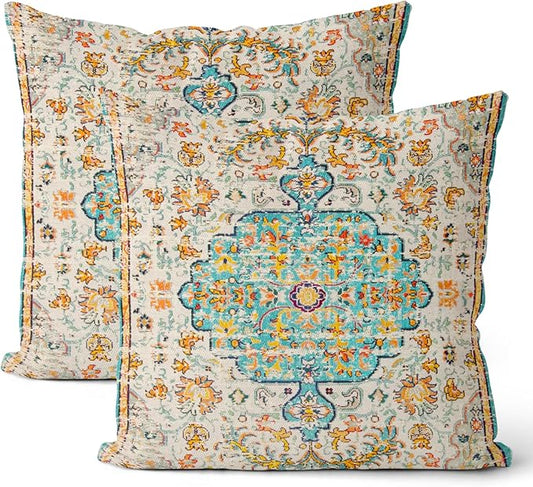 Boho Pillow Covers 18x18 Set of 2, Carpet Pattern Teal Yellow Decorative Throw Pillows Farmhouse Bohemian Cushion Pillow Covers for Sofa Couch Outdoor Decor
