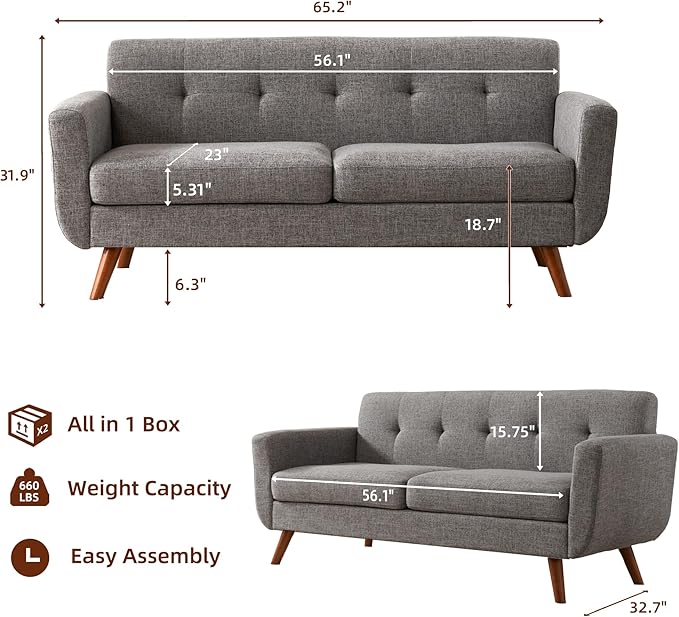 Tbfit 65" W Loveseat Sofa, Mid Century Modern Love Seat Couches for Living Room, Button Tufted Upholstered Small Couch for Bedroom, Solid and Easy to Install Love Seats Furniture, Grey
