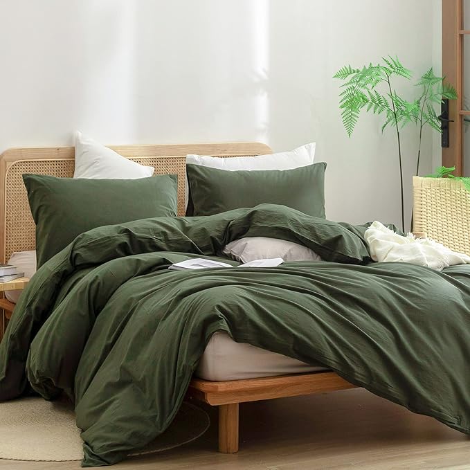 BESTOUCH Duvet Cover Set 100% Washed Cotton Linen Feel Super Soft Comfortable Chic Lightweight 2 PCs Home Bedding Set Solid Olive Green Twin/Twin XL