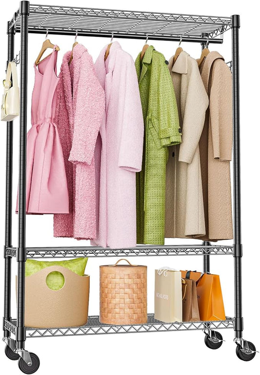 Heavy Duty Rolling Garment Rack 3 Tiers Adjustable Wire Shelving Clothes Rack with 1 Rods and Side Hooks,Storage Closet Clothing Rack with Wheels Black 15.7" D x 45.3" W x 75.6" H