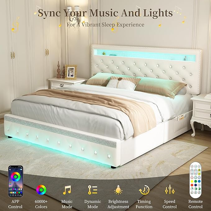 Full Led Bed Frame with 2 Drawers, Heavy Duty Sturdy Platform Bed Frames Full Size with Storage and Adjustable Crystal Button Tufted Headboard, Easy Assembly, No Box Spring Needed, Velvet Cream