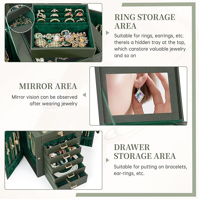 AKOZLIN Jewelry Box Organizer Functional Leather Jewelry Storage Case for Women Girls Ring Necklace Earring Bracelet Holder Organizer with Mirror