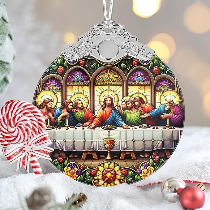 Last Supper Christmas Ornaments, 3" Stained Glass Christmas Decor, Christmas Tree Ornaments, Christmas Tree Decorations, Gift for Religious Believers, Perfect for Holiday Party, Tree, Home Decor