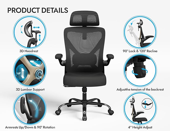 Ergonomic Office Chair-Mesh Computer Desk Chair Comfy, High-Back Gaming Chairs with 3D Headrest & Lumbar Support, Executive Task Chair for Adults, Comfortable for Long Hours