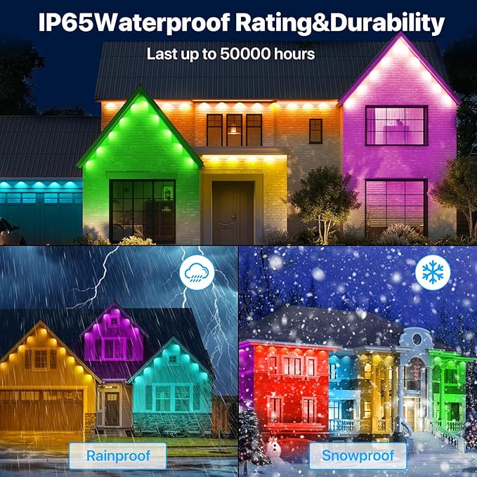 Permanent Outdoor Lights, 100FT RGB+IC LED Lights with Smart APP & Remote Control, 72 Scene Modes, Waterproof IP65 for Holiday, Christmas, Yard Decorations(Extension Cord Not Included)