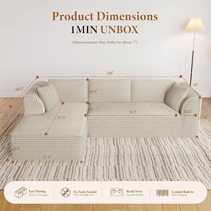 Vesgantti 106" Boneless Couch with Chaise, Deep Seat Comfy Cloud Modular Sofa Corduroy Memory Foam Sectional Couches for Living Room Bedroom, No Assembly Required (Camel, Left-Facing Chaise)