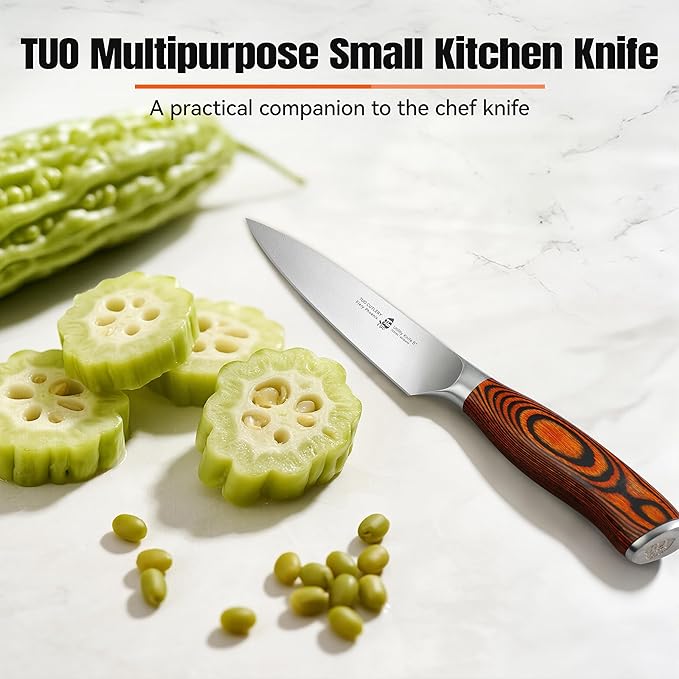 TUO Utility Knife, 5 inch Small Kitchen Knife for Paring & Slicing, with Ergonomic Pakkawood Handle, High Carbon German Stainless Steel - Fiery Phoenix Series