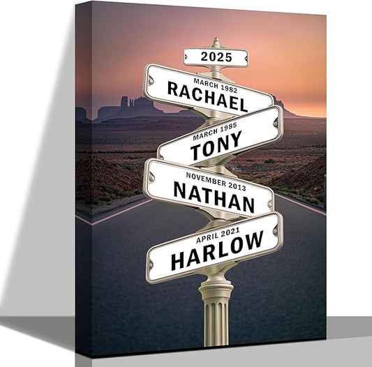 [Design 2025] Personalized Family STreet Sign Multi-Names Canvas, Custom Name And Date Street sign Canvas Print, Crossroads Street SIGN Gift For Family, Custom Name Intersection Sign Poster Wall Art