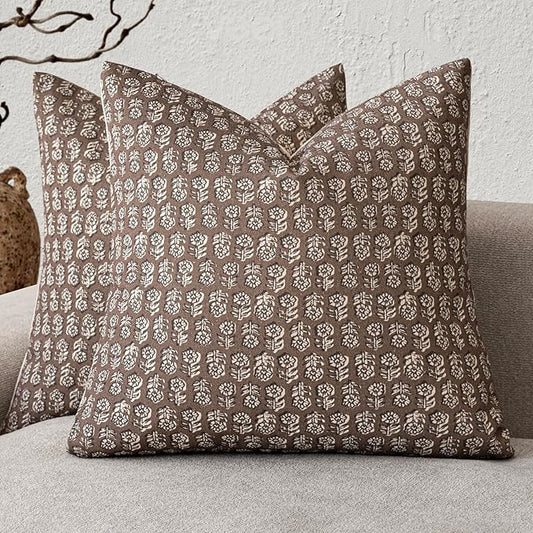 Foindtower Set of 2 Decorative Neutral Floral Print Throw Pillow Covers Vintage Accent Farmhouse Cushion Covers Boho Home Decor for Sofa Couch Chair Bedroom Living Room Outdoor,24×24 Inch,Brown
