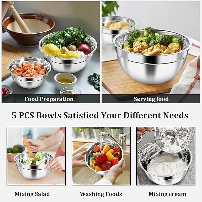P&P CHEF Mixing Bowl with Visible Airtight Lid Set of 5, 10-Piece Stainless Steel Nesting Salad Bowl Set for Prepping, Mixing and Serving, Size 4.6, 3, 1.5, 1, 0.7 QT, Rimmed Edges & Flat Base, Black