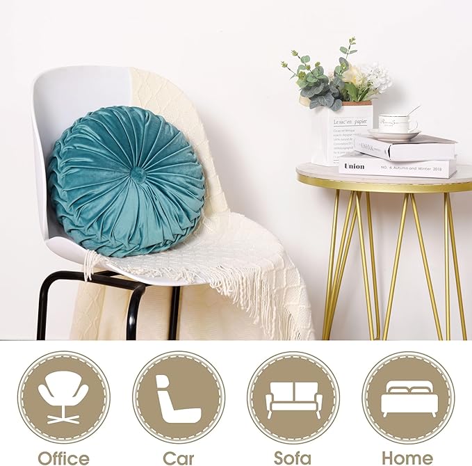 HIG Set of 2 Teal Ruched Velvet Round Throw Pillows – 14.5’’ Decorative Pillows with Soft Polyester Filling for Couch, Bed, Living Room, Bedroom, or Dorm – Handmade, Stress Relieving, All-Season