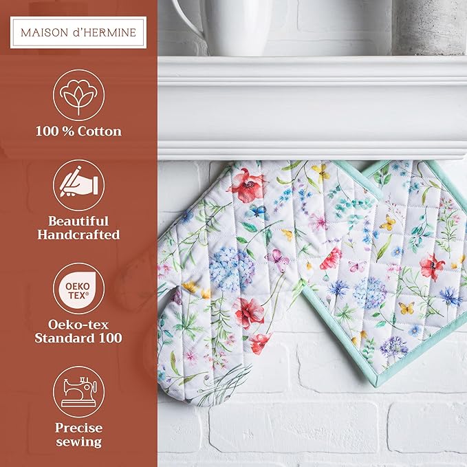 Maison d' Hermine 100% Cotton Oven Mitt & Pot Holder Set (7.5"x13" & 8"x8") Heat Resistant BBQ Cooking Gloves with Loop, Baking, Grilling, Kitchen, Handling Hot Pans Spring/Summer (Just Floral)