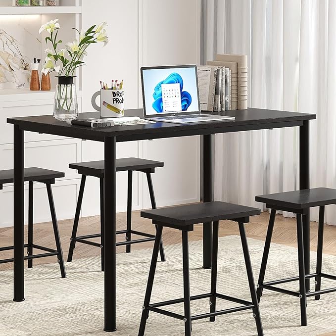 VECELO Kitchen Table and Chairs for 4, Dining Room Set with Chairs/Stools, Heavy-Duty Metal Frame with Wooden Tabletop for Small Spaces, Easy Assembly, Elegant Black