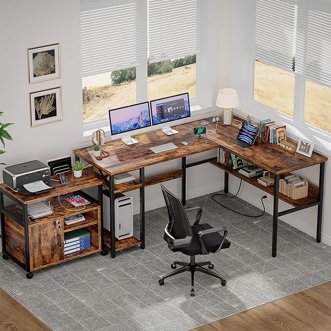 Unikito L Shaped Computer Desk with Magic Power Outlets and USB Charging Ports, Sturdy Reversible Corner Desk with Storage Shelves, Modern Work Desk for Home Office, Easy to Assemble, Rustic Brown
