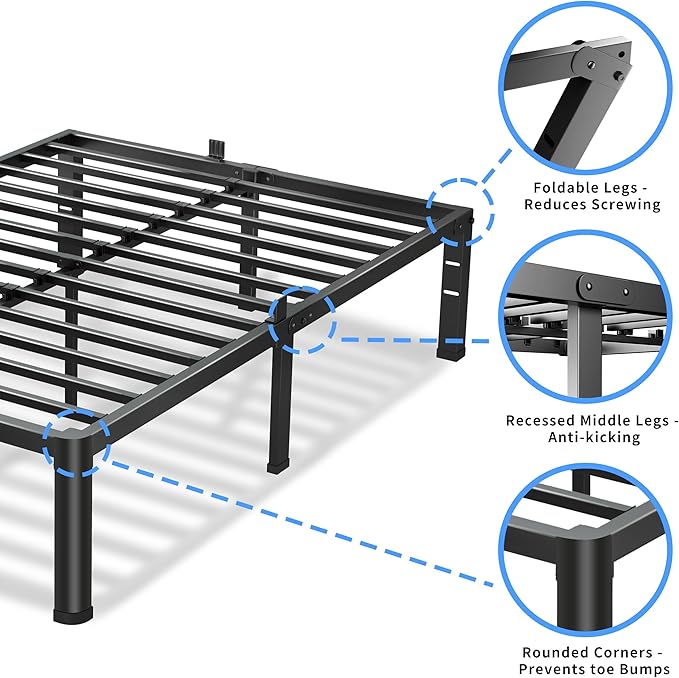 16 Inch King Size Bed Frame, 3500Lbs Heavy Duty Metal Platform with Round Corner Legs Mattress Slide Stopper, Steel Slat Support No Box Spring Needed, Noise Free, Non-Slip, Easy Assembly