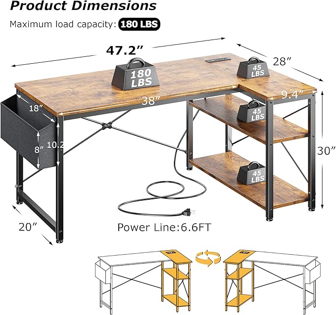 EnHomee 48 Inch L Shaped Gaming Desk, Computer Desk with Storage Shelves & Side Bag, Office Desk with Power Outlets, Small Corner Desk for Small Space Home Office Bedroom, Study Writing Table, Brown