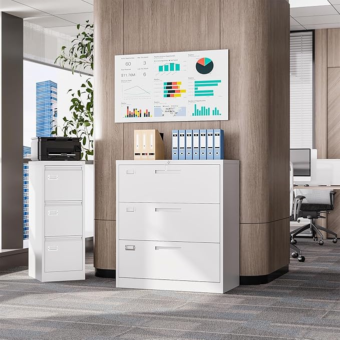 Lateral Filing Cabinet,3 Drawer File Cabinet with Lock,Office Lateral File Cabinets for Legal/Letter A4 Size,Require Assembly, White