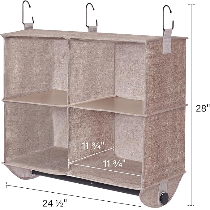 StorageWorks Hanging Closet Organizer with Metal Rod, 4-Section Closet Organizers and Storage, Collapsible Hanging Shelves for Baby Clothes, Shoes, Sweater Storage, Brown and Beige