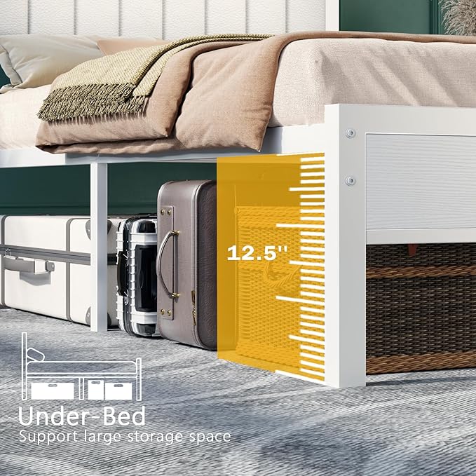 Furnulem Twin Size Bed Frame with Charging Station & LED Lights, Modern Platform Bed with 2-Tier Storage Shelves, White PU Leather Upholstered Headboard, No Box Spring Needed, Metal Slats Support