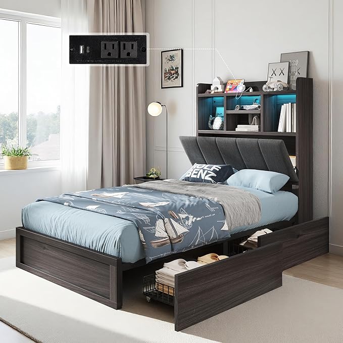 Twin Farmhouse Bed Frame with Bookcase Headboard and 4 Drawers, LED Storage Bed with Charging Station & Linen Upholstered, No Box Spring Needed, Black