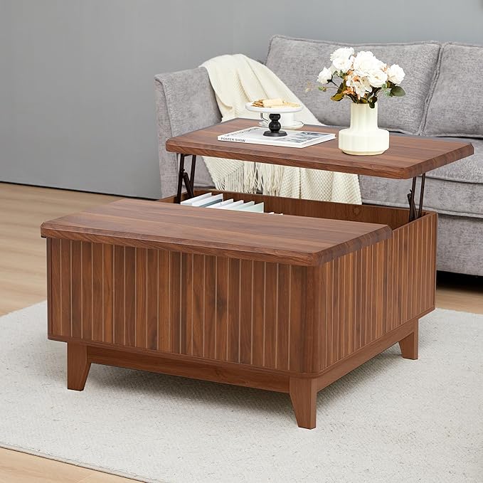 Lift Top Coffee Table, Square Coffee Table with Hidden Storage Compartment, Farmhouse Wood Center Table Dining Table for Living Room, Bedroom, Home Office (Walnut)
