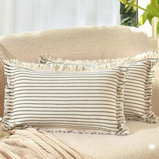 ZWJD Throw Pillow Covers 12x20 Set of 2 Striped Pillow Covers with Fringe Chic Cotton Decorative Pillows Square Cushion Covers for Sofa Couch Bed Living Room Farmhouse Decor
