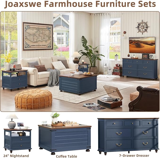 24" Wide Farmhouse Night Stand Set of 2,Large End Table with 2 Drawers & Metal Handle,Blue Wood Dresser for Bedroom, Bed Side Table Chest of Drawers Cabinet, Nightstand for Living Room,Closet