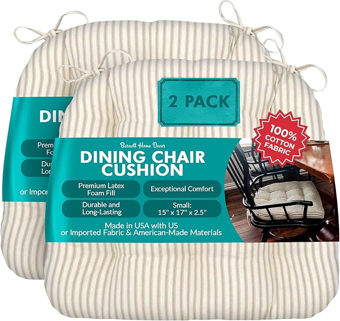 Barnett Home Decor Ticking Stripe Natural Dining Chair Pad with Ties - Pack of 2 Size 15 x 17 Chair Cushion - Latex Foam Fill - Machine Washable, Reversible, 100% Cotton, Made in USA (Beige Ivory)