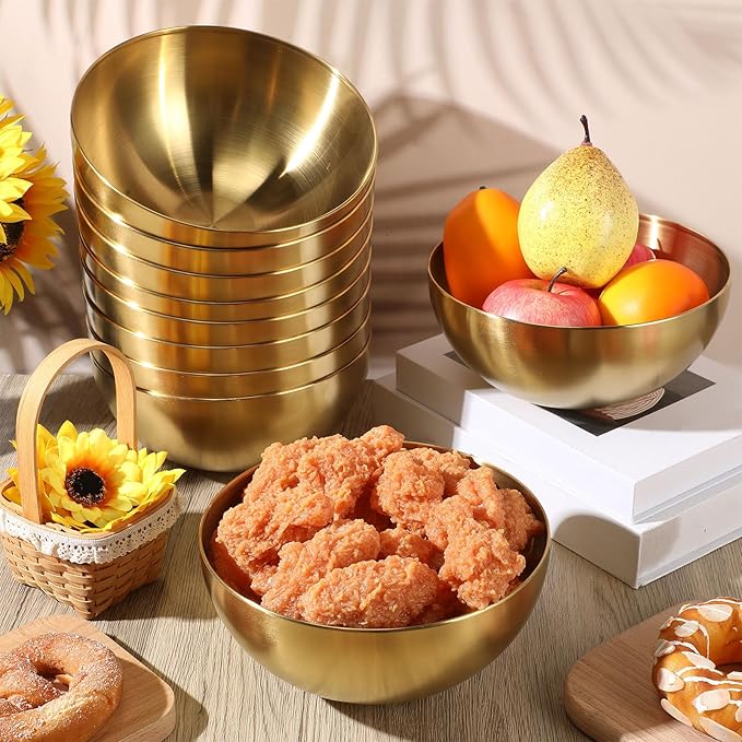 Nuogo 10 Pcs Stainless Steel Mixing Bowls Decorative Esthetician Bowls for Wedding Party Baking Prepping Serving Facial Food Salad Fruit Snack Soup Cereal(7.9 Inch,Gold)