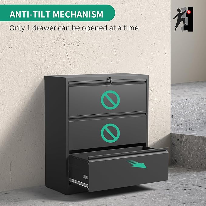 3 Drawer Lateral File Cabinets with Lock,Metal Lateral Filing Cabinet for Home Office,Wide Steel Storage Cabinet Commercial Drawer Cabinets for Legal/Letter/A4 Size Files Assembly Required
