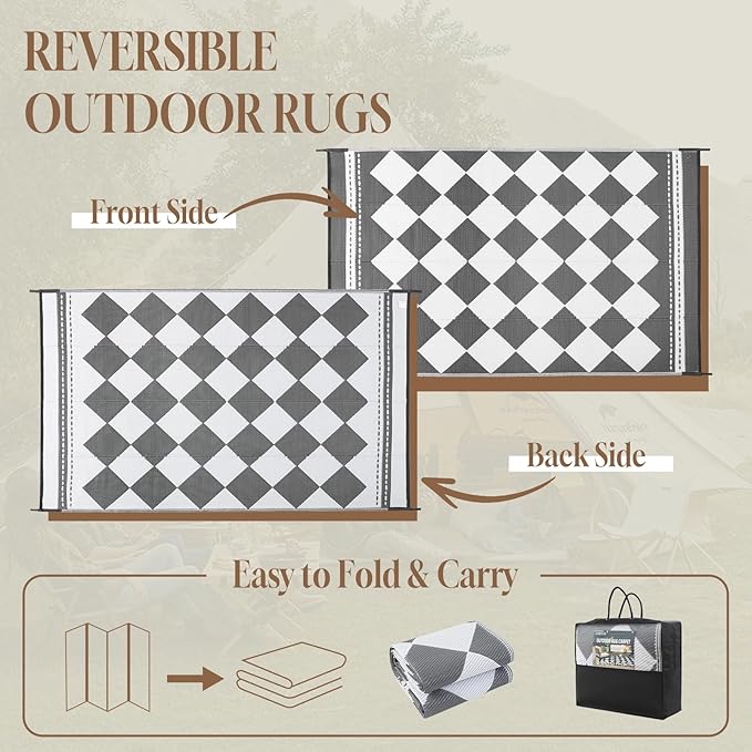 OMERAI Reversible Waterproof Outdoor Rug for Backyard,Plastic Textured Resistant Outdoors Rugs,Portable Washable Easy Cleaning Foldable Camping Beach Carpet for Patio Courtyard, 6'x9' Gray & White