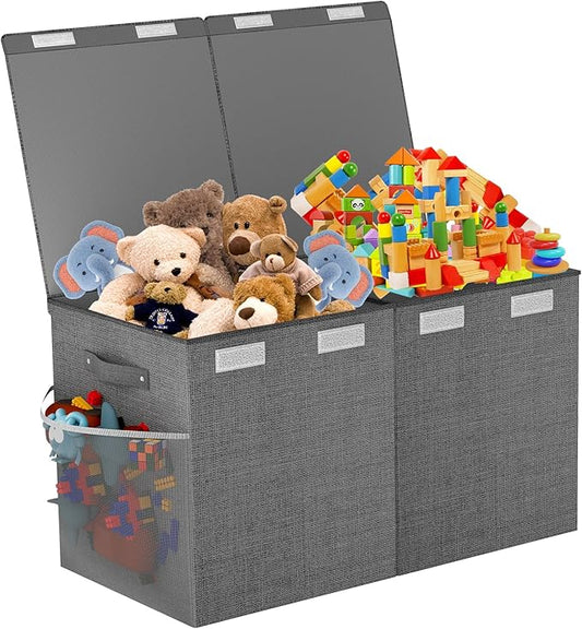 Large Toy Box Chest, Collapsible Sturdy Toy Storage Organizer Boxes Bins Baskets Dinosaur Kids Toy Chest Bin with Lids for Boys Girls Living Room Playroom Bedroom Nursery 25"x14"x16" Gray