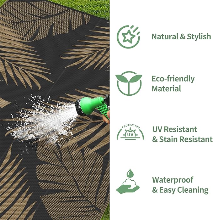 GENIMO Outdoor Rug 8' x 16' Waterproof for Patios Clearance, Reversible Outdoor Plastic Straw Camping Rug Carpet, Large Area Rugs Mats for RV, Camper, Deck, Balcony, Porch, Beach, Picnic, Black&Brown