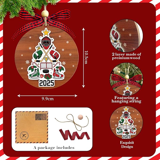 Ice Hockey Christmas Ornament 2025- Ice Hockey Gifts for Players, Family, Friends, Sport Lovers, Coaches - 2 Layer Wooden Hockey Ornaments for Christmas Tree - Sports Wood Hanging Decor Ornaments