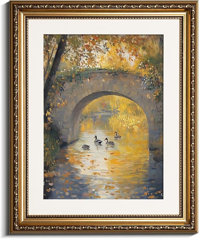 VIYYIEA Gold Framed Wall Art, Stone Bridge Canvas Print Home Decor Vintage Art Painting Picture Bathroom Wall Decor, Landscape Artwork for Living Room Bedroom Kitchen Office - 16L x 13W