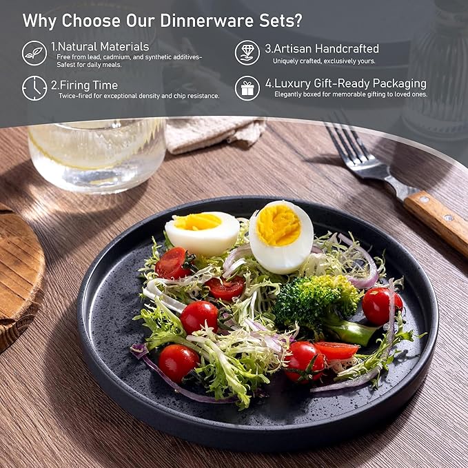 GBhome Ceramic Dinnerware Sets for 6, Matte Stoneware Plates and Bowls Sets,Chip and Scratch Resistant Dishes, Dishwasher & Microwave Safe, Oven safe,Reactive Glaze-Speckled Black