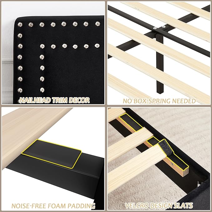 VECELO Queen Size Bed Frame with Adjustable Upholstered Headboard, Wooden Slats Platform, Noise-Free Design, No Box Spring Needed, Easy Assembly