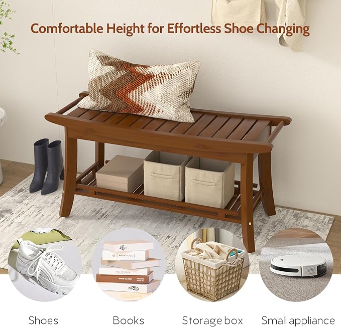 Bamboo Entryway Storage Bench with Shelves Shoe Rack Bench Seat Organizer for Porch Bedroom Bathroom Balcony 39 x 13 x 19.2 Inches Chestnut Brown
