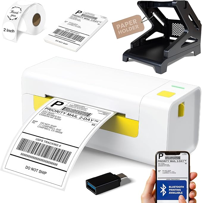 Bluetooth Thermal Shipping Label Printer for Small Business. Includes Paper Holder, 4x6 Labels, 2" Round Stickers, USB C, and E-Book.Compatible with Android, iOS, Windows, Mac.