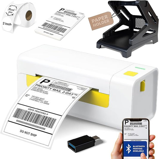 Bluetooth Thermal Shipping Label Printer for Small Business. Includes Paper Holder, 4x6 Labels, 2" Round Stickers, USB C, and E-Book.Compatible with Android, iOS, Windows, Mac.