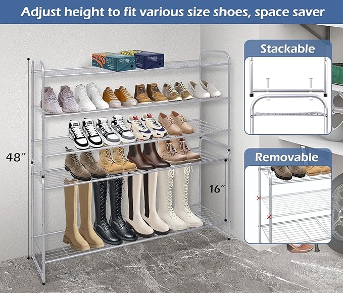 KEETDY 3-Tier Long Shoe Rack for Closet Metal Shoe Organizer for Entryway, Wide Stackable Shoe Storage Shelf with Sturdy Wire Grid for Closet Floor, Bedroom, Grey…