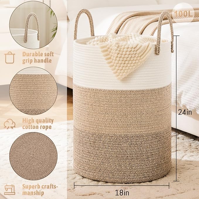 Laundry Basket,Woven Cotton Rope Laundry Hamper,100L for Decorative Storage of Dirty Clothes,Toys and Blankets in Bathroom,Bedroom and Living Room