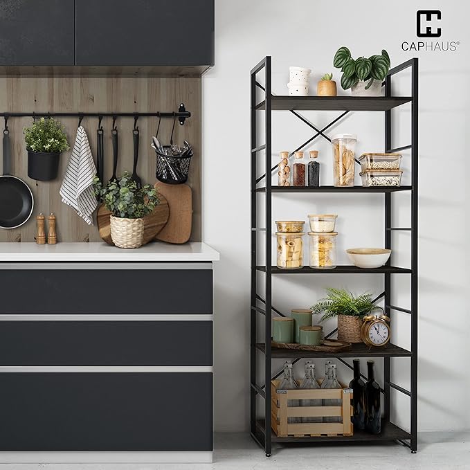 CAPHAUS 5 Tier Bookshelf, 24 Inch Width Free Standing Shelf, Bookcase Shelf Storage Organizer, Industrial Book Shelves for Home Office, Living Room, Kitchen, Black Vintage Shelves & Metal Frame