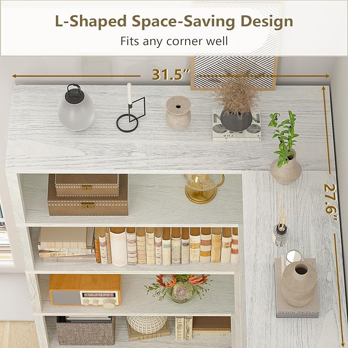 TVU Wood Corner Book Shelf, 5 Tier 65 Inch Tall Bookshelf with Storage, Floor Standing Display Book Shelf for Living Room, Kitchen, Home Office, Antique White